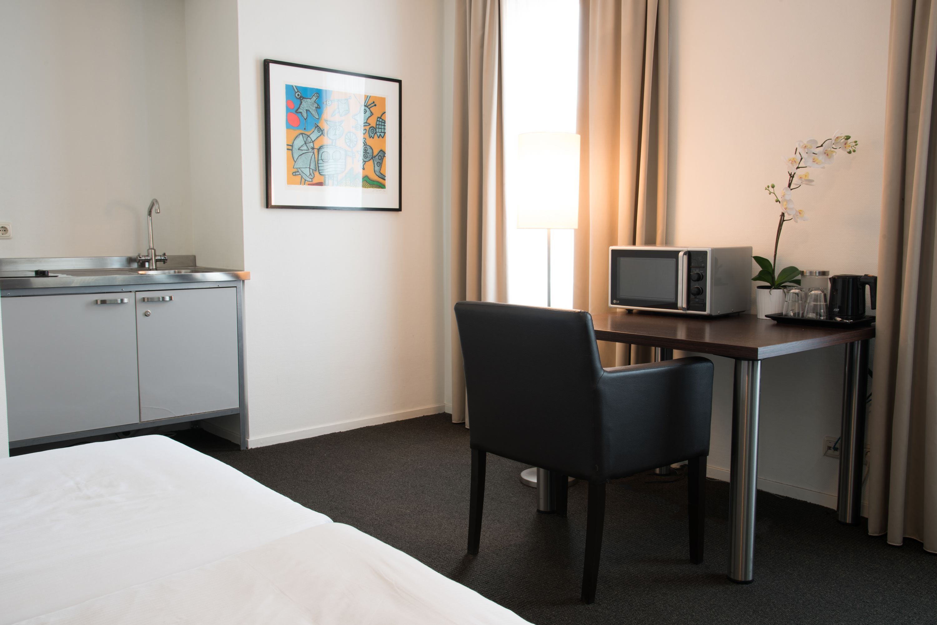 A hotel room with a bed, a desk with a chair, a television, a coffee maker, and a plant.