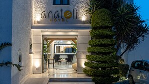 De ingang van Hotel Anatol, met een stenen pad dat naar de deur leidt, een kleine tuin en een nabijgelegen geparkeerde auto.
