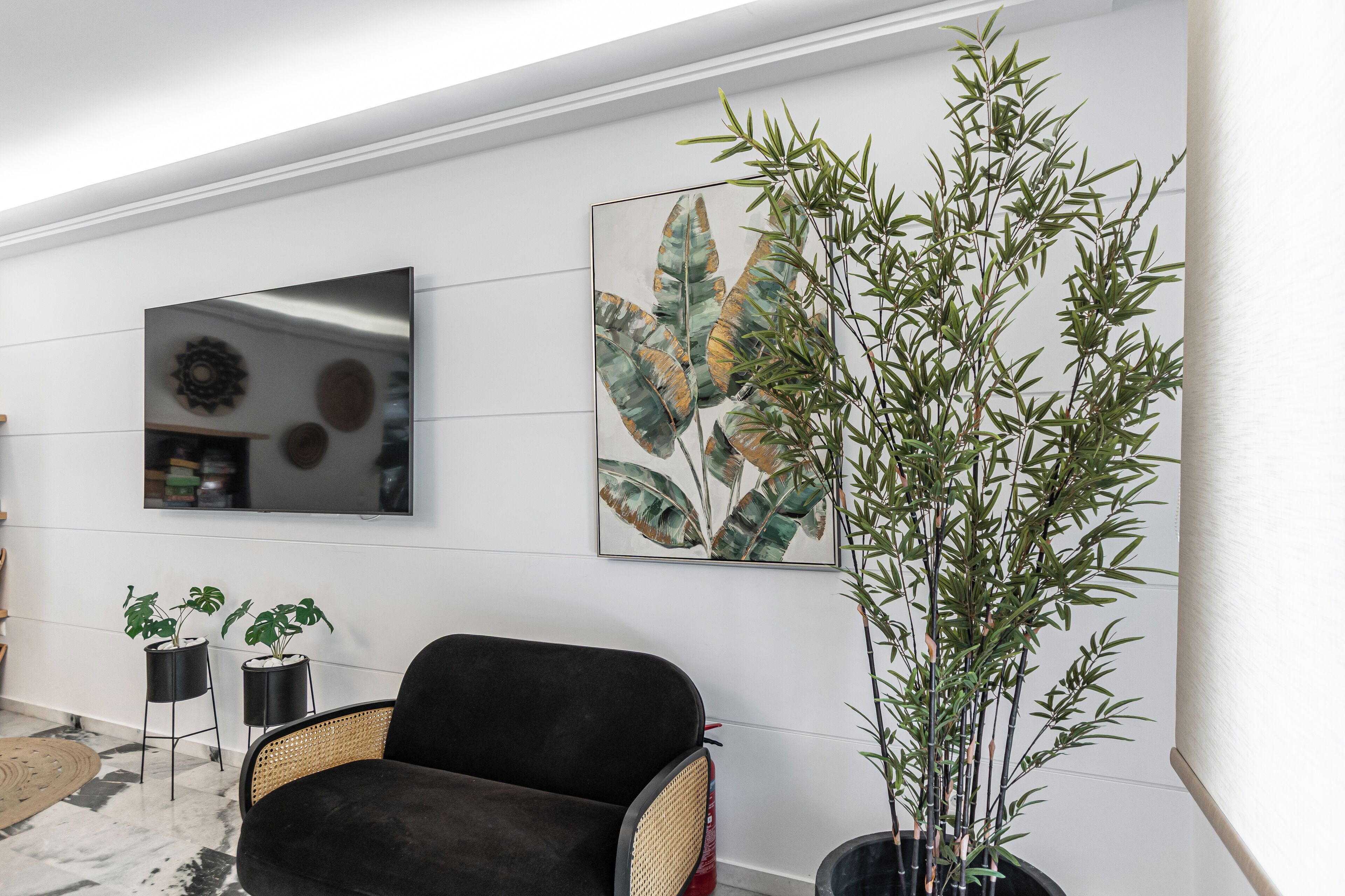 A modern living room with a black sofa, a large bamboo plant, and artwork on the walls.