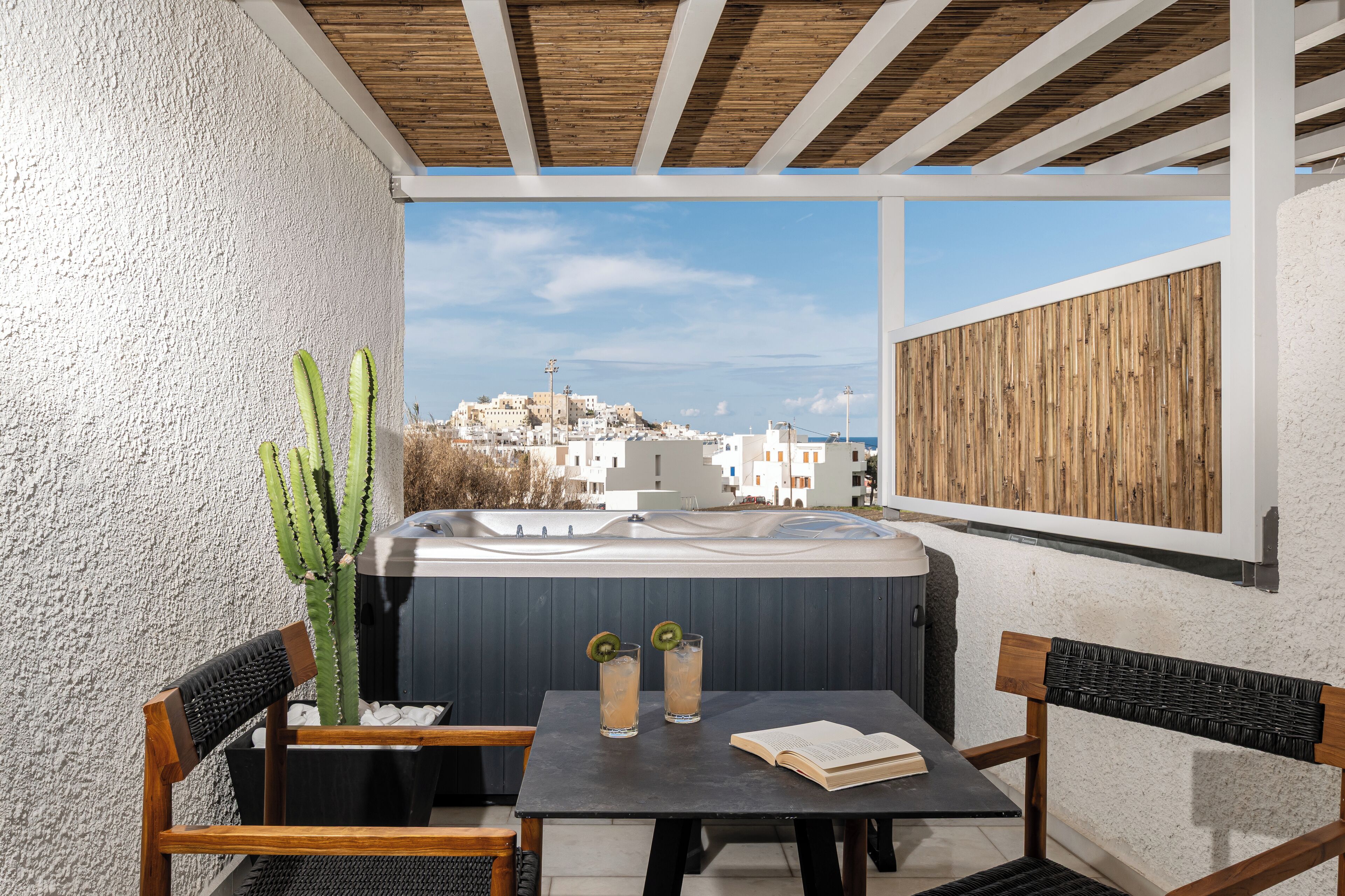 An outdoor seating area with a table, chairs, a cactus, and a hot tub.