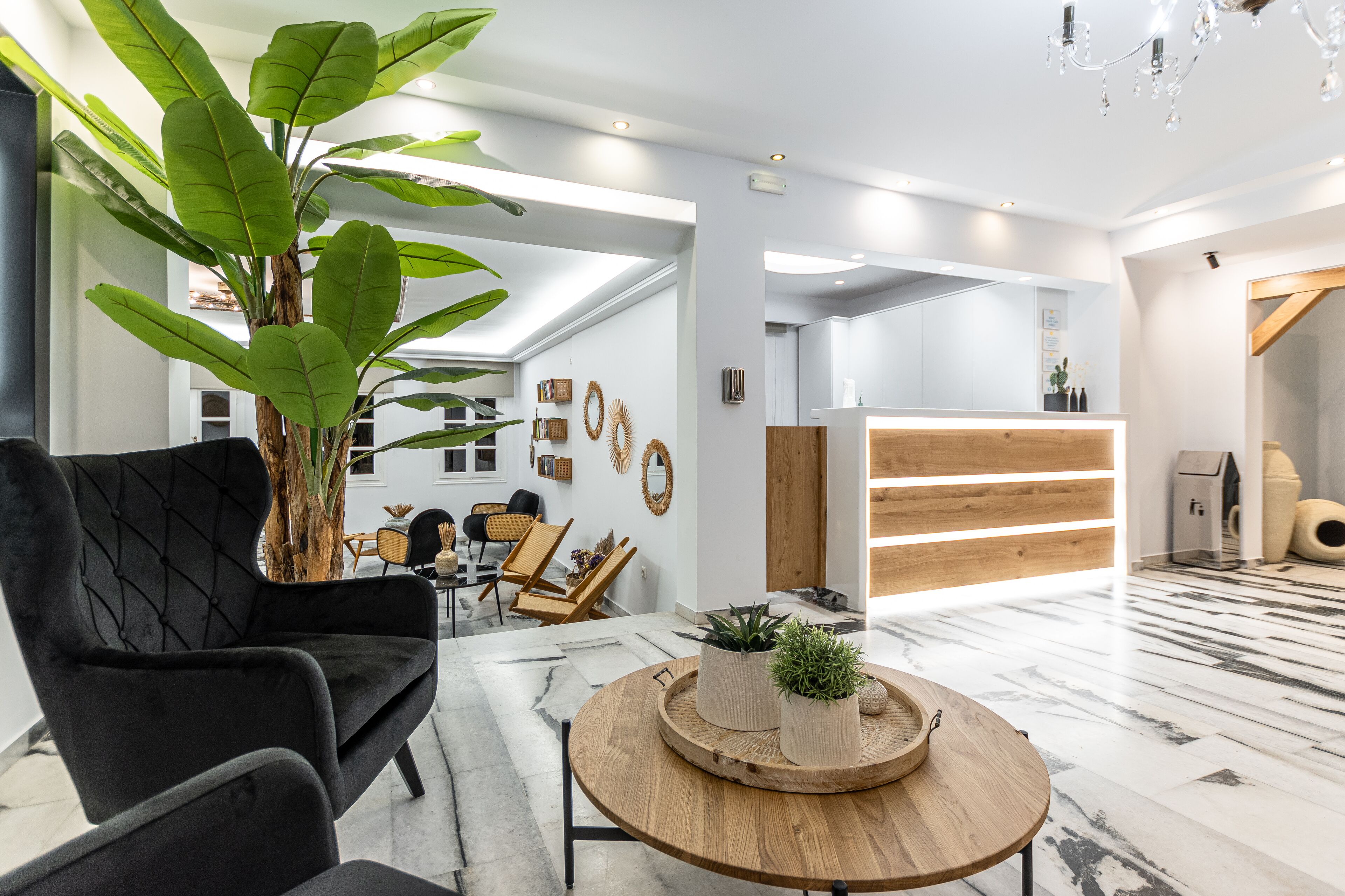 A modern hotel lobby with a black sofa, a wooden reception desk, and a large plant.