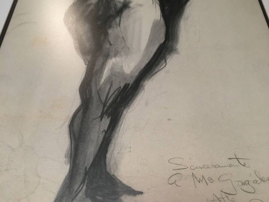 Una obra de arte enmarcadas que muestra una figura y una firma.