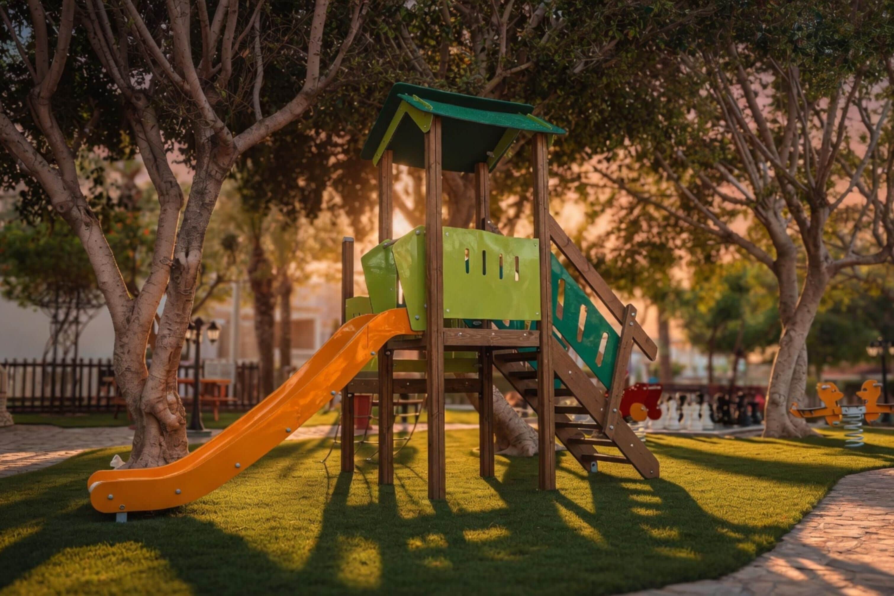 Un’area giochi con scivolo e strutture per arrampicata, circondata da alberi e un vialetto lastricato.