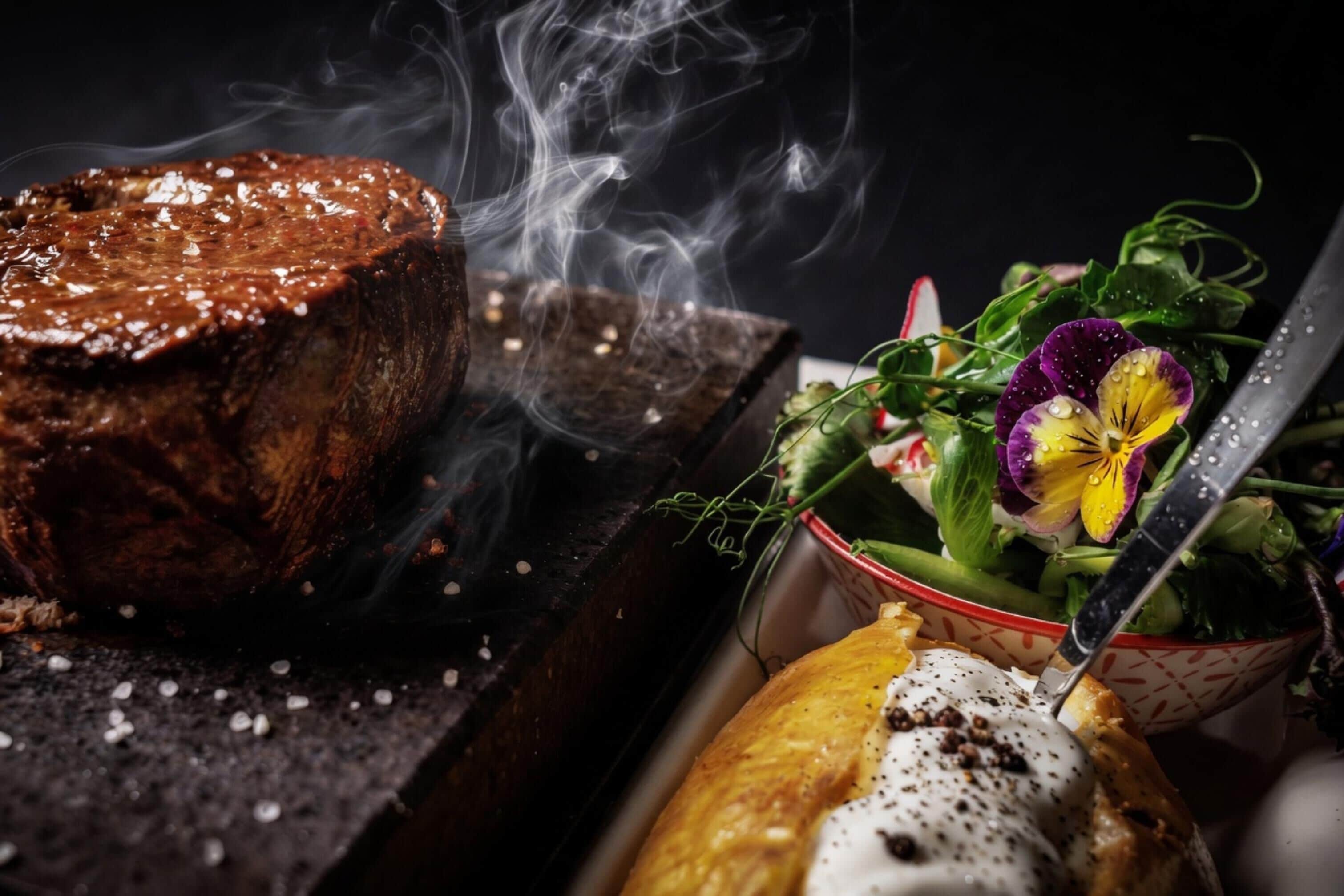 A steak with a knife, a bowl of salad, and a plate of food.
