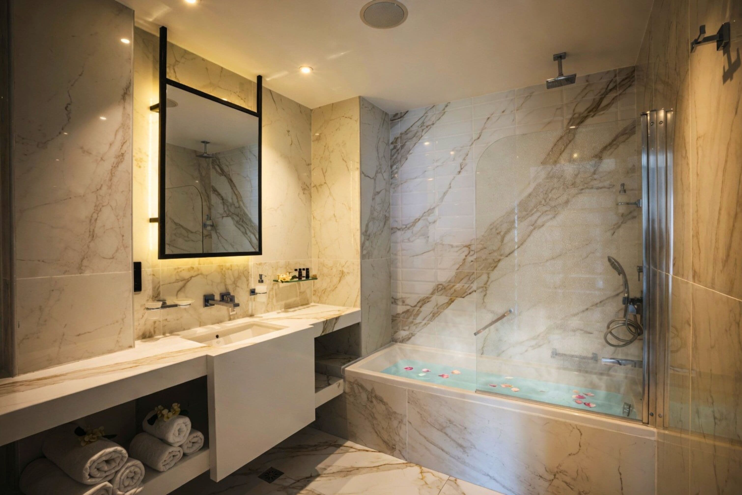Un baño moderno con paredes de mármol, un espejo grande, una bañera y una zona de ducha.