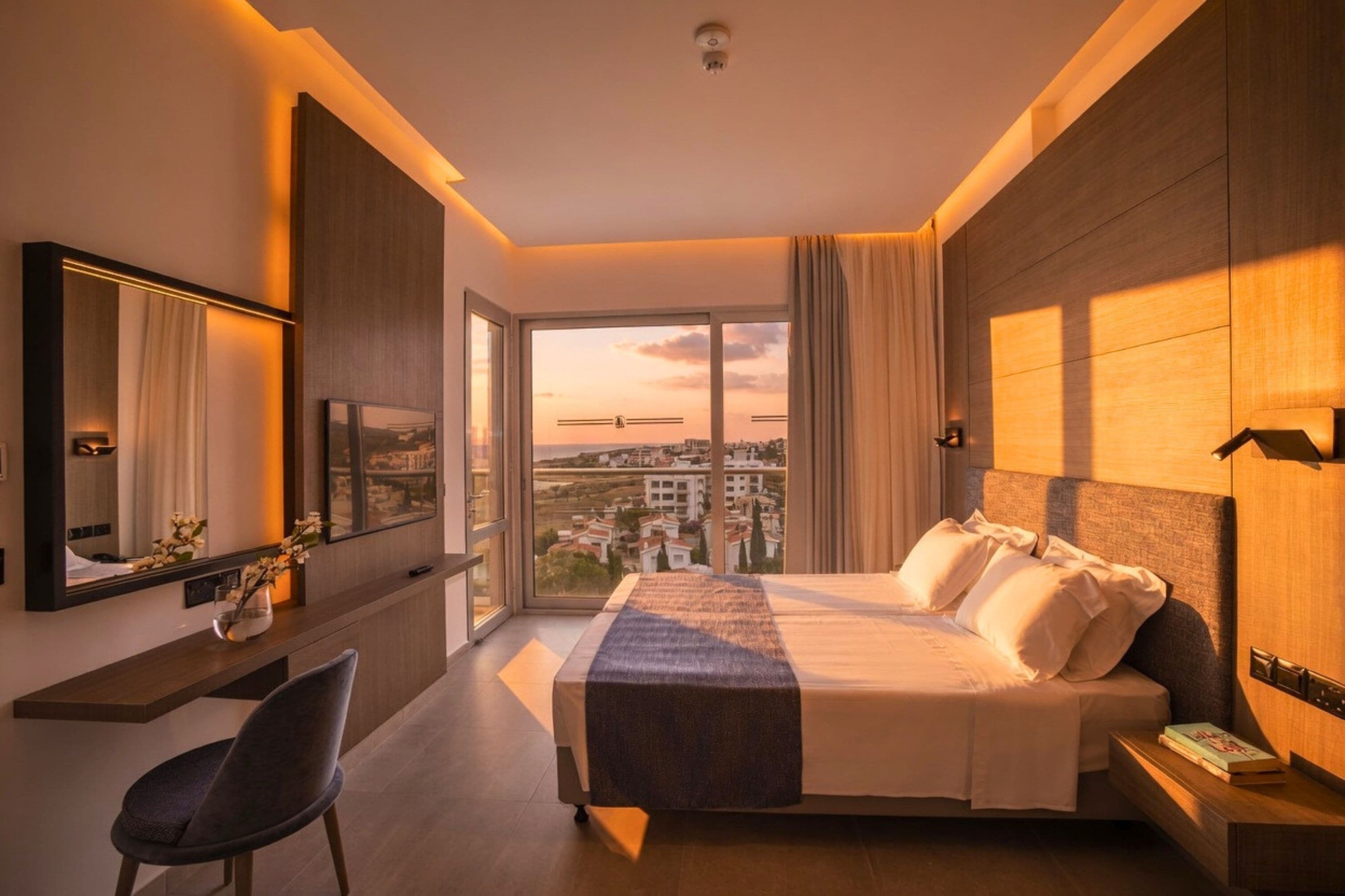 A modern hotel room with a large bed, a desk, a chair, a large window with a city view, and a mounted TV.