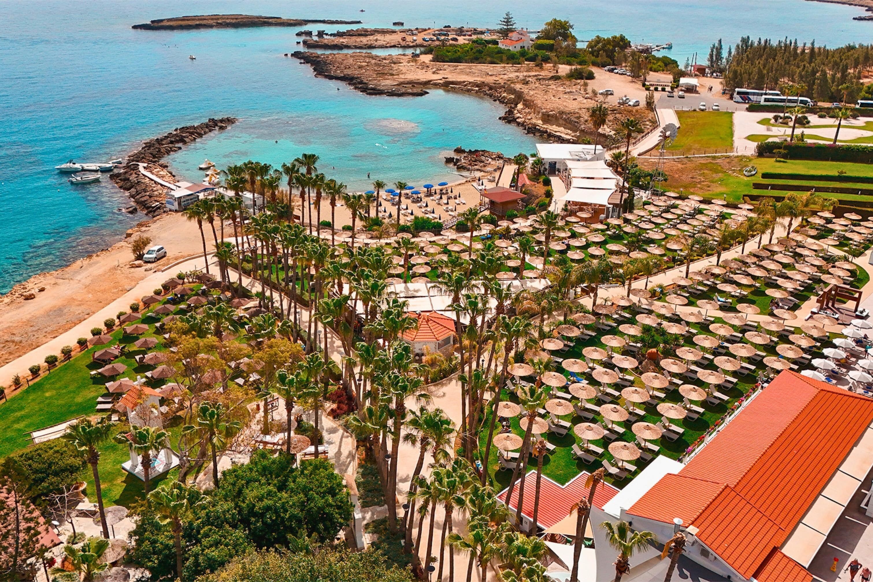 A coastal resort with a beach, palm trees, and umbrellas.