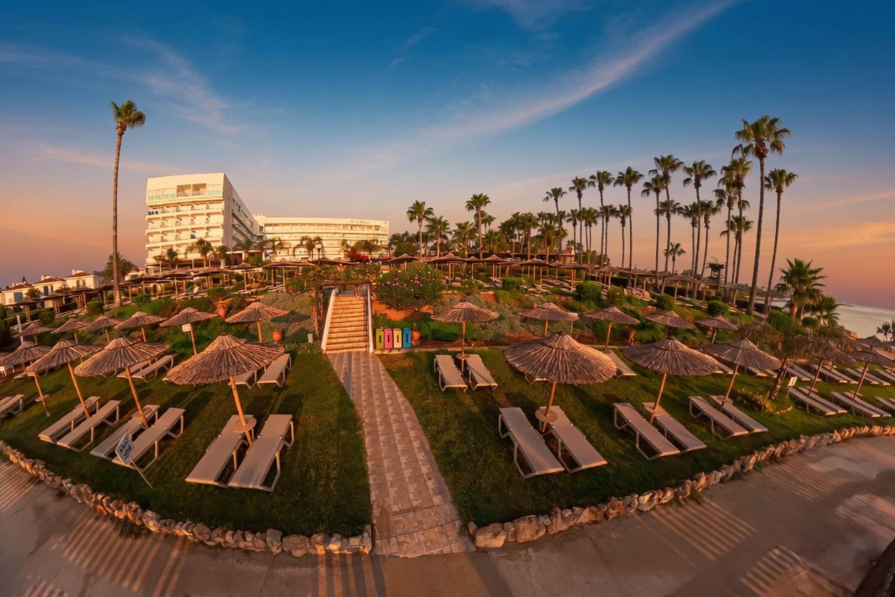 A resort with a pool area, sun loungers, umbrellas, and palm trees.