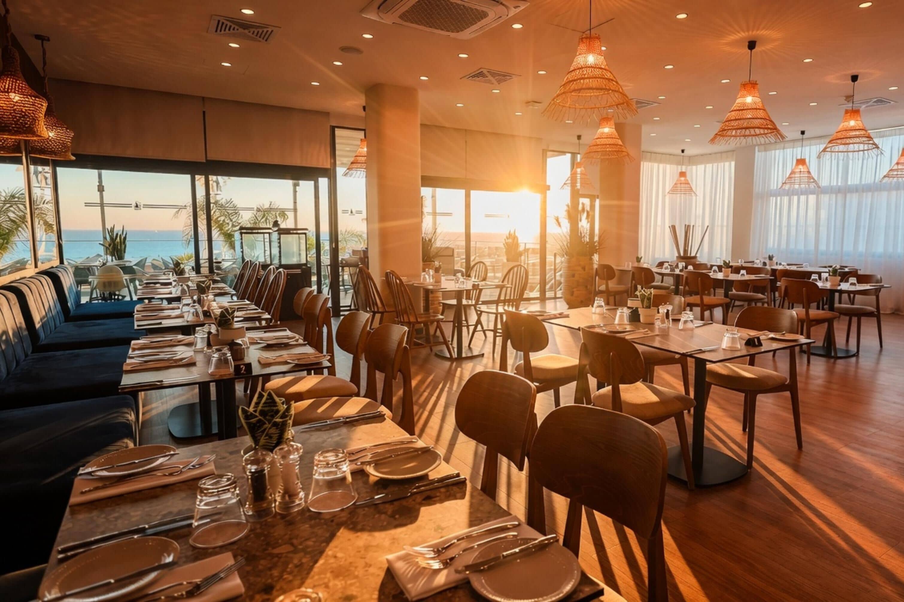 A restaurant with multiple dining tables and chairs, large windows with a view, and hanging pendant lights.