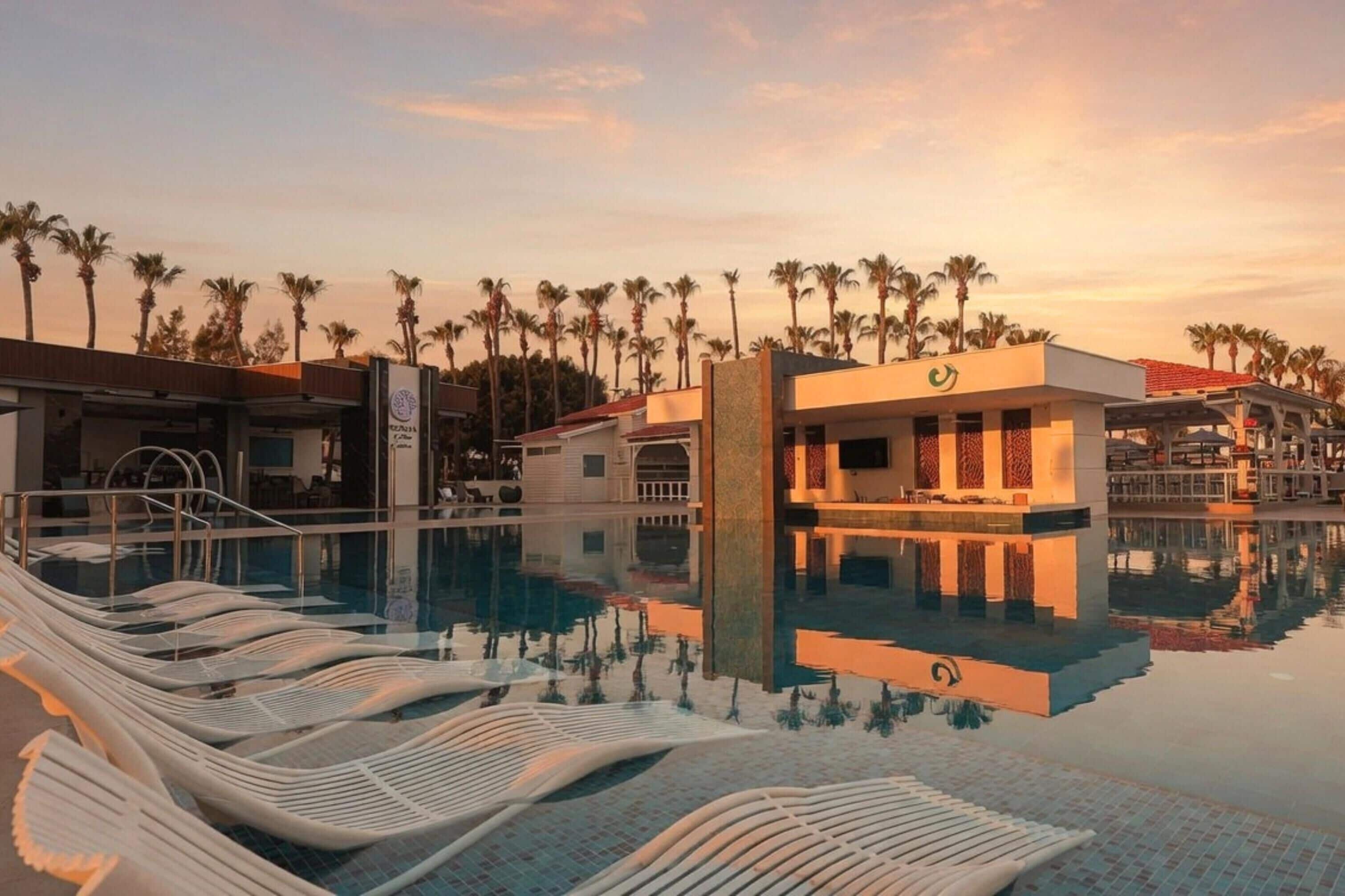 A pool area with lounge chairs, a building with a logo, and palm trees in the background.