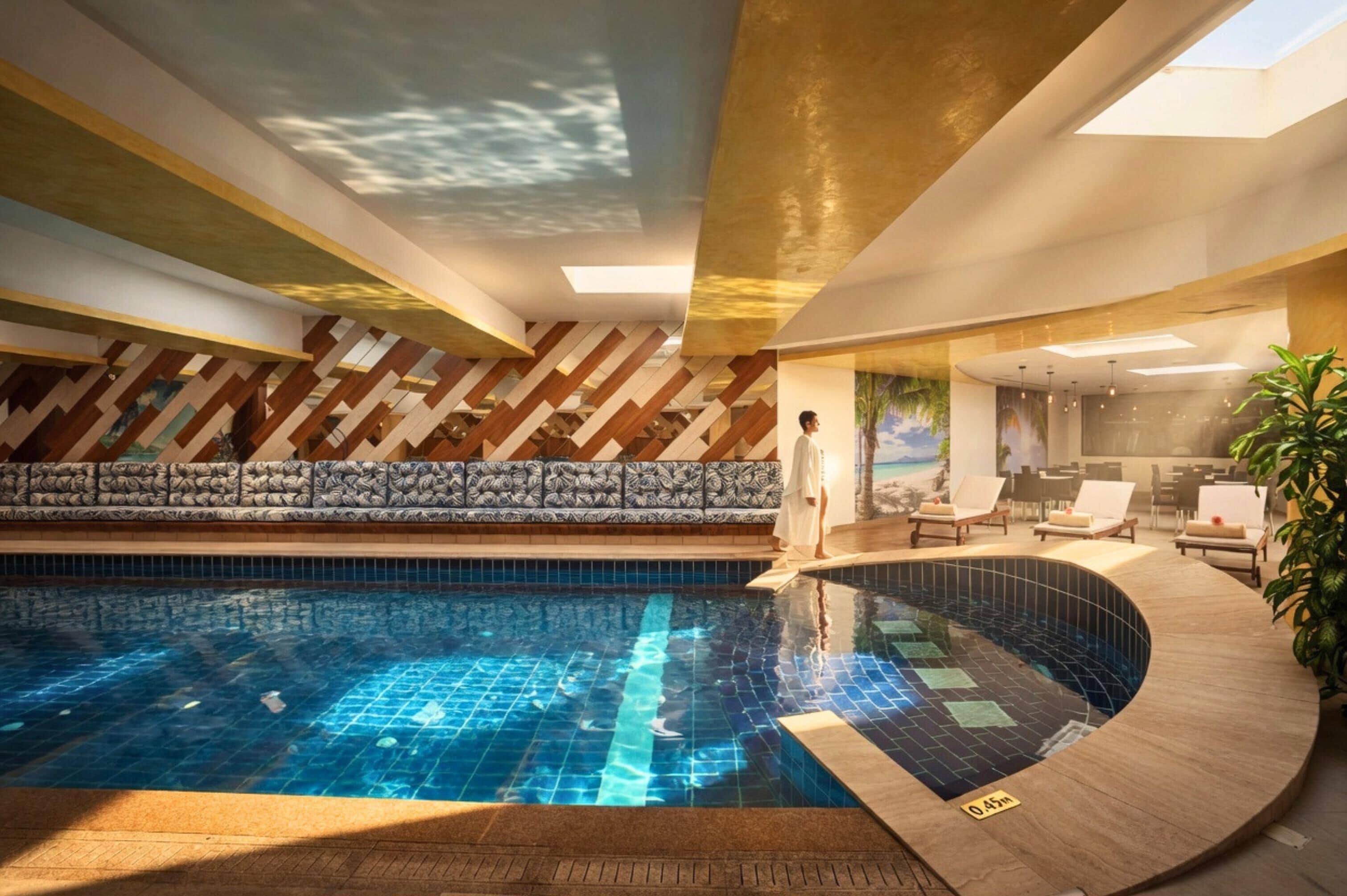 Una piscina con plataforma de baldosas, una persona de pie junto a la piscina y una pared con diseño geométrico.