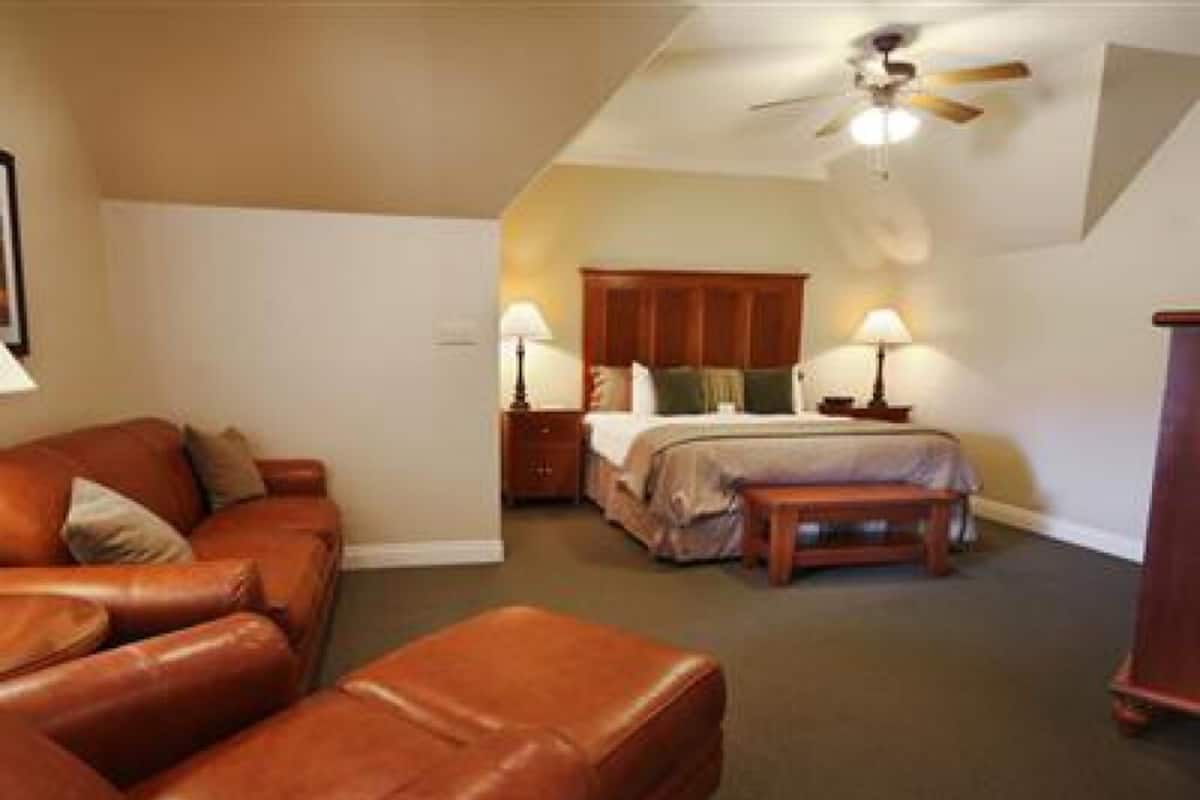 A bedroom with a bed, a wooden headboard, a nightstand, a lamp, a leather sofa, and a ceiling fan.