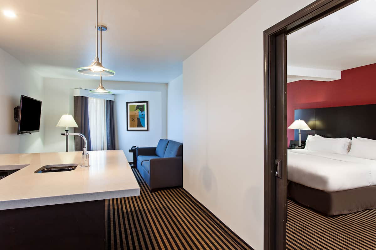Une chambre d’hôtel avec un lit, un bureau doté d’un lavabo, une chaise, une télévision et un tableau au mur.