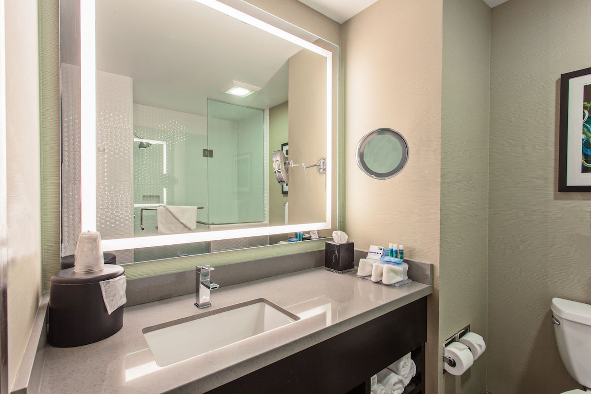 Une salle de bain moderne avec un grand miroir, un lavabo et des toilettes.