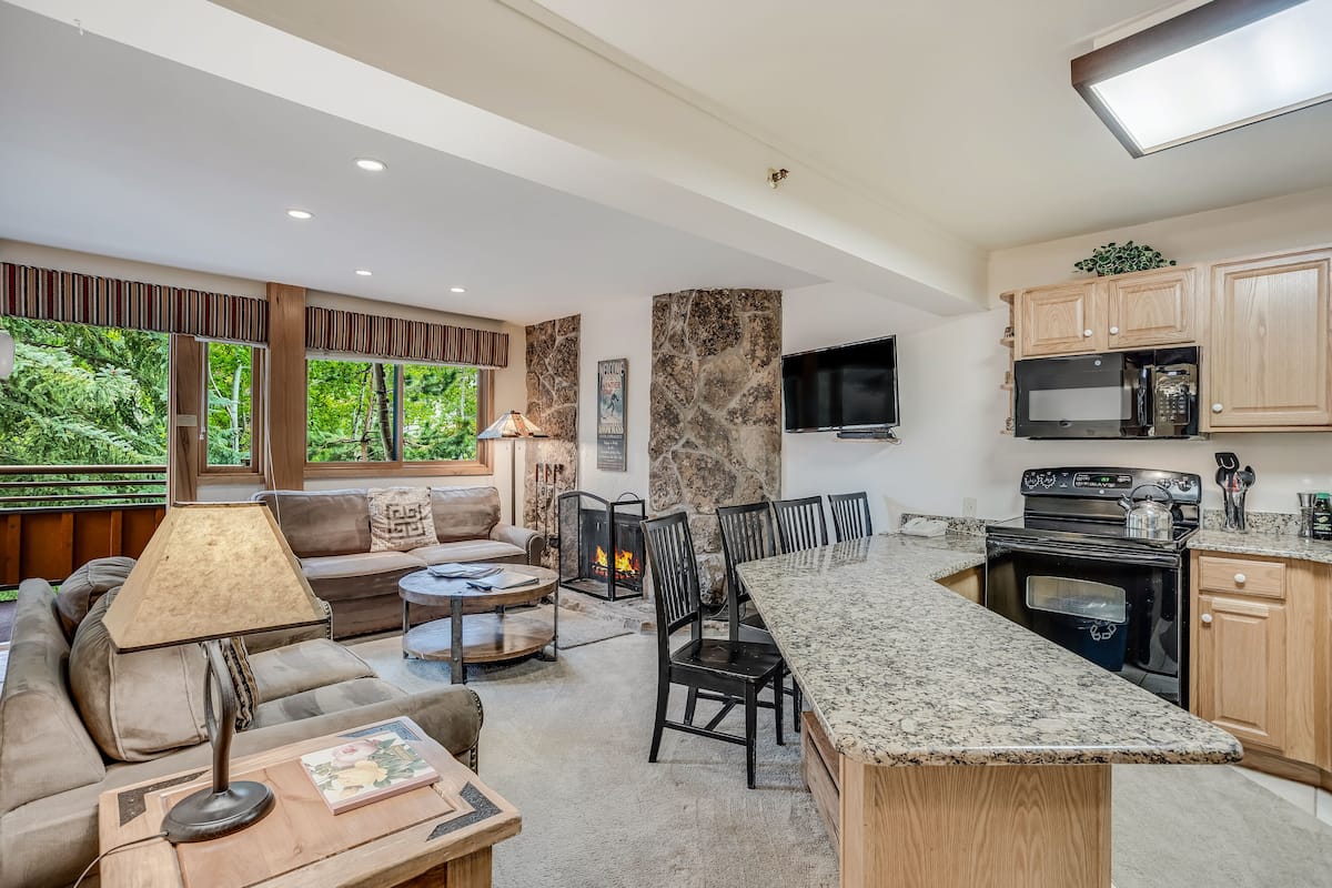 Deluxe Studio (Unit 307) | Living area | 40-inch Smart TV with satellite channels, TV, fireplace