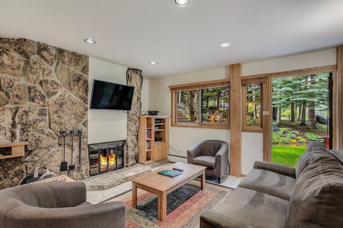 Deluxe Studio (Unit 203) | Living area | 40-inch Smart TV with satellite channels, TV, fireplace