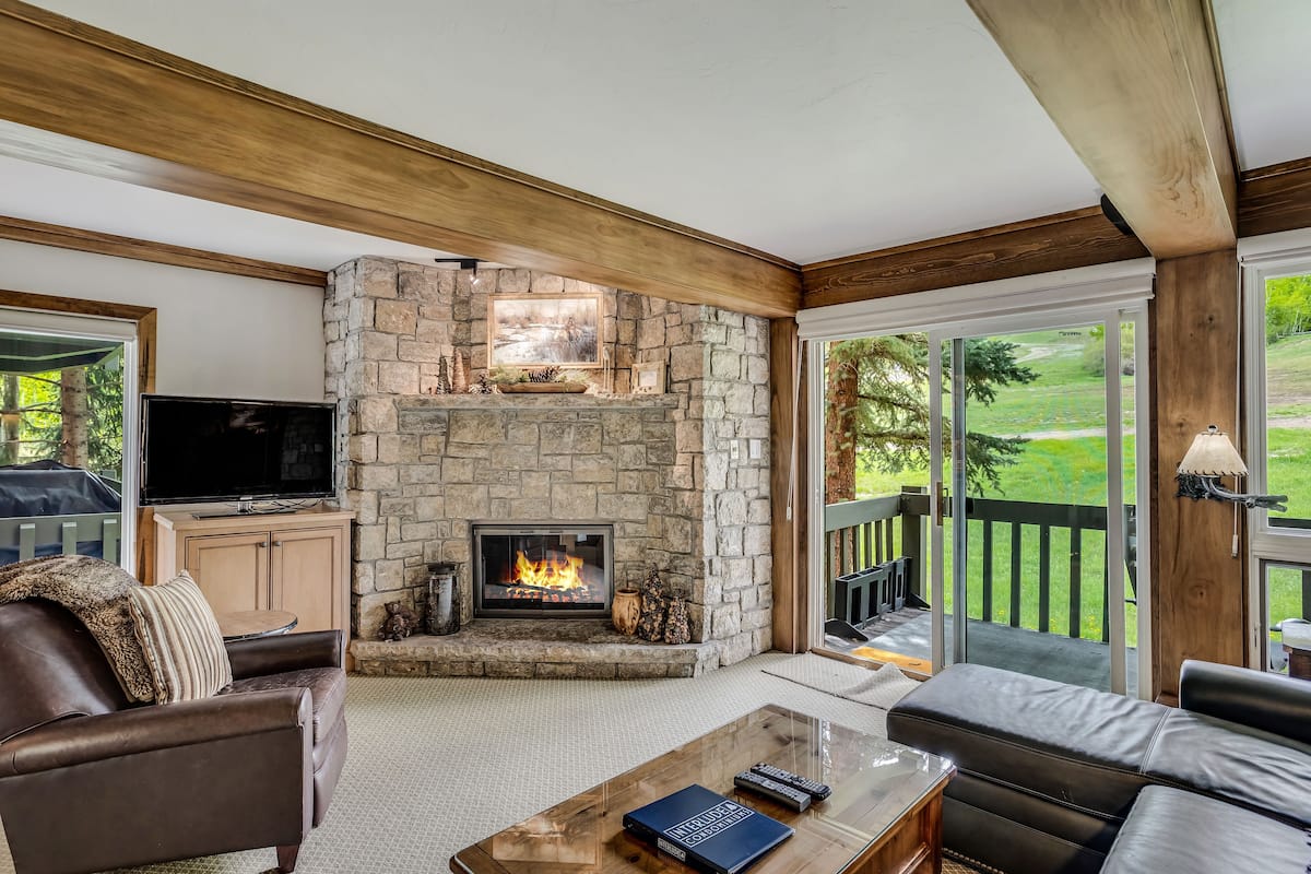 Premier Apartment | Living area | 40-inch Smart TV with satellite channels, TV, fireplace