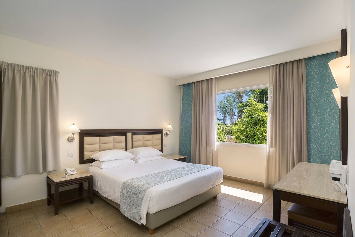 A hotel room with a bed, bedside table with a lamp, a small table, and a view of greenery outside.