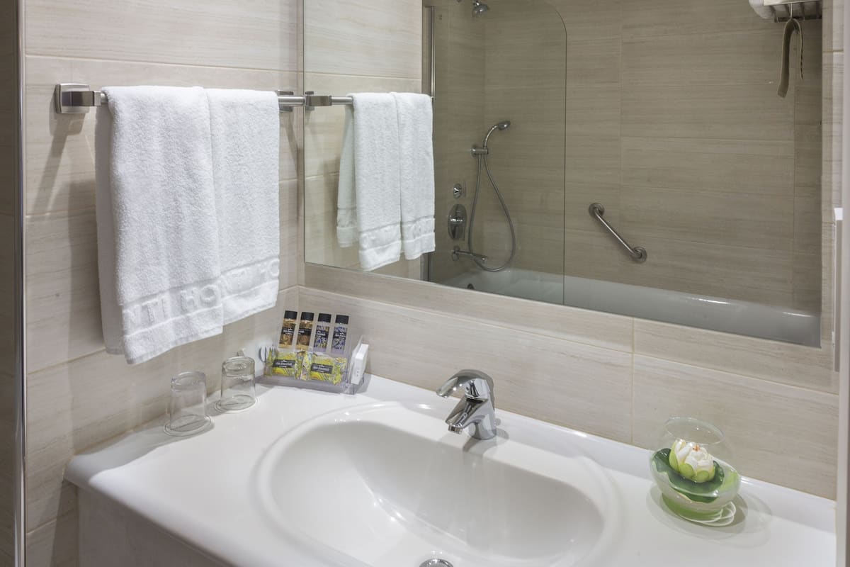 standard double room single use, pool view | bathroom | combined shower/bathtub, free toiletries, hair dryer, towels