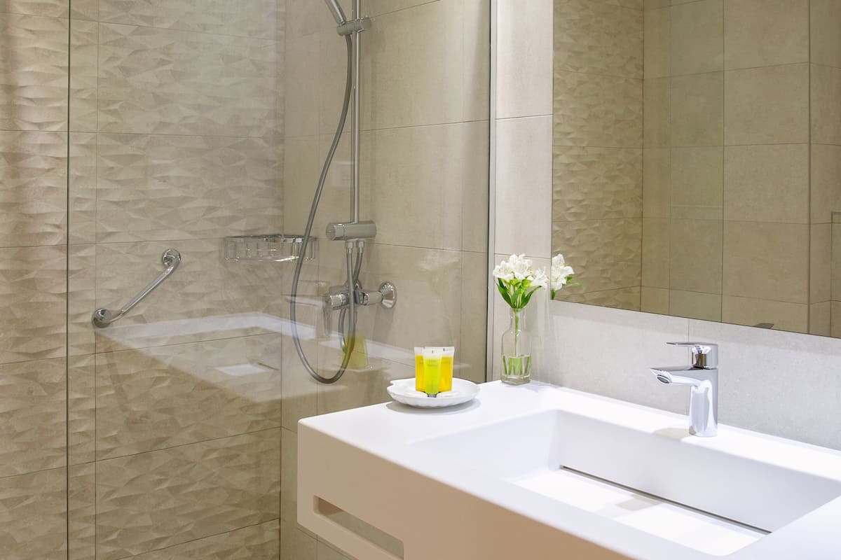 shower, free toiletries, hair dryer, towels