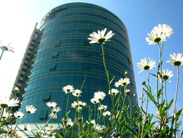 Un edificio moderno de forma cilíndrica y fachada de vidrio.