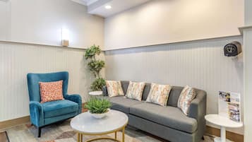 A modern living room with a blue armchair, grey sofa, and a small round table with a plant.