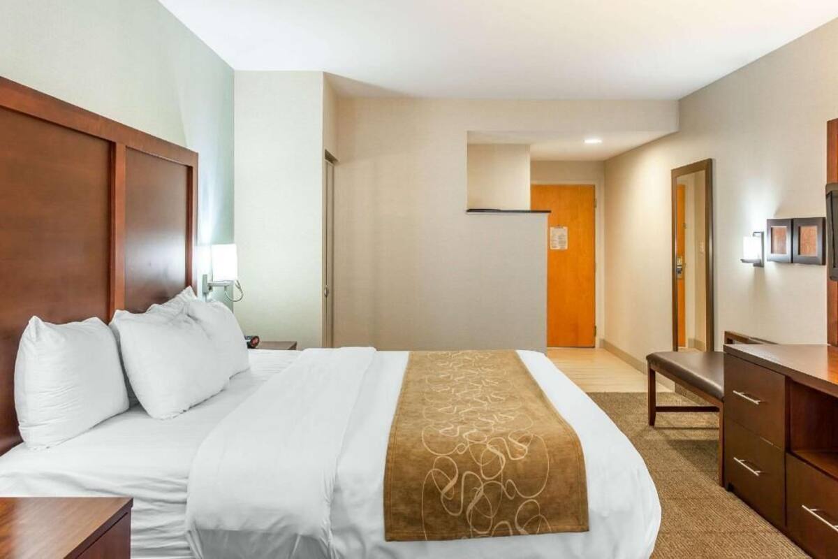 Una habitación de hotel con cama, mesita de noche y escritorio con cajones.
