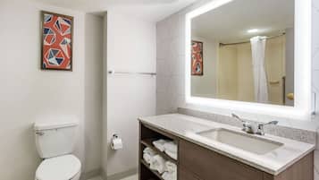 A modern bathroom with a toilet, a sink with a large mirror, and a shower area.