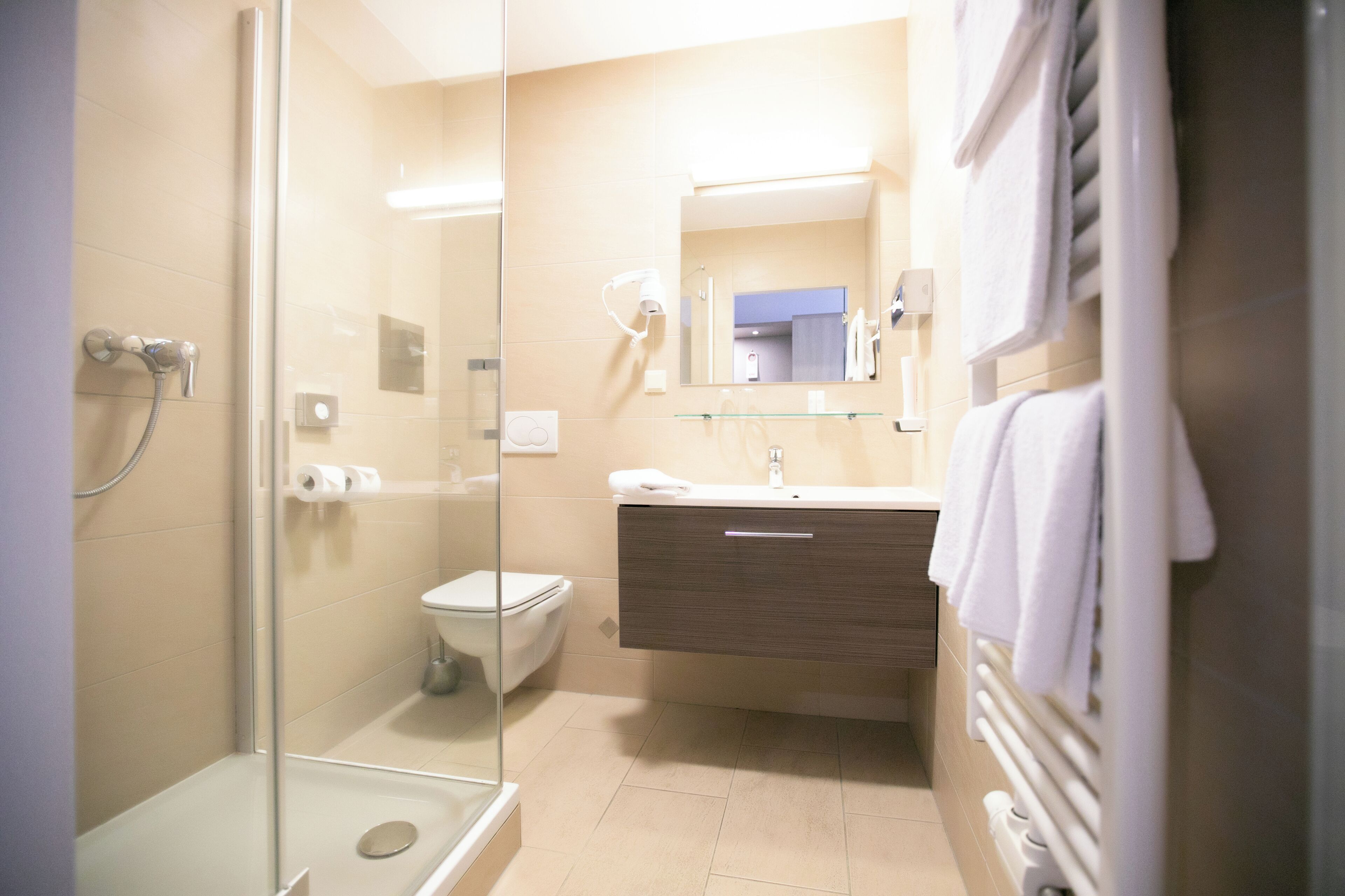A modern bathroom with a glass shower enclosure, a toilet, a vanity with a mirror, and a towel rack.