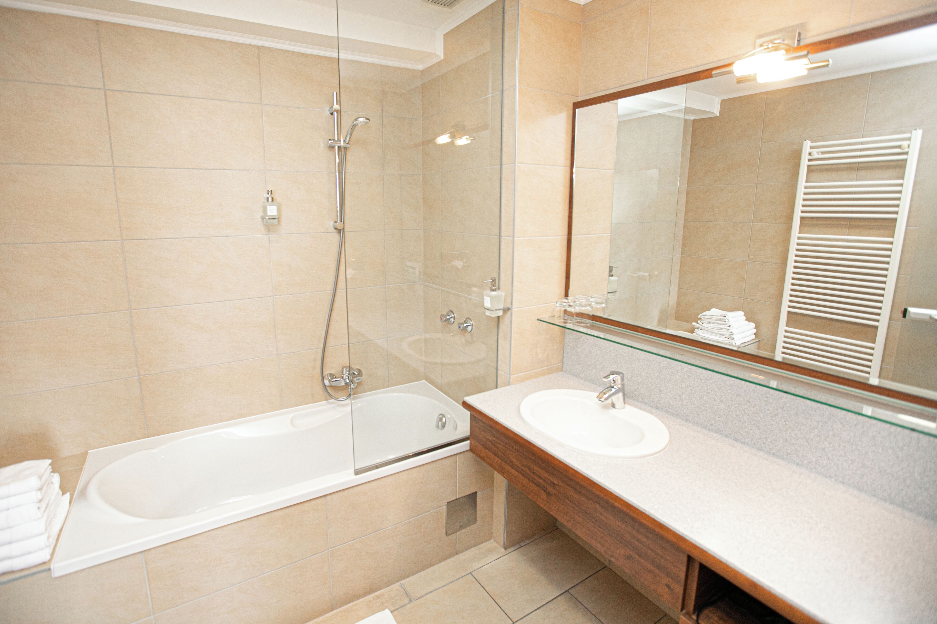 A modern bathroom with a glass-enclosed shower, a freestanding bathtub, and a vanity with a mirror.