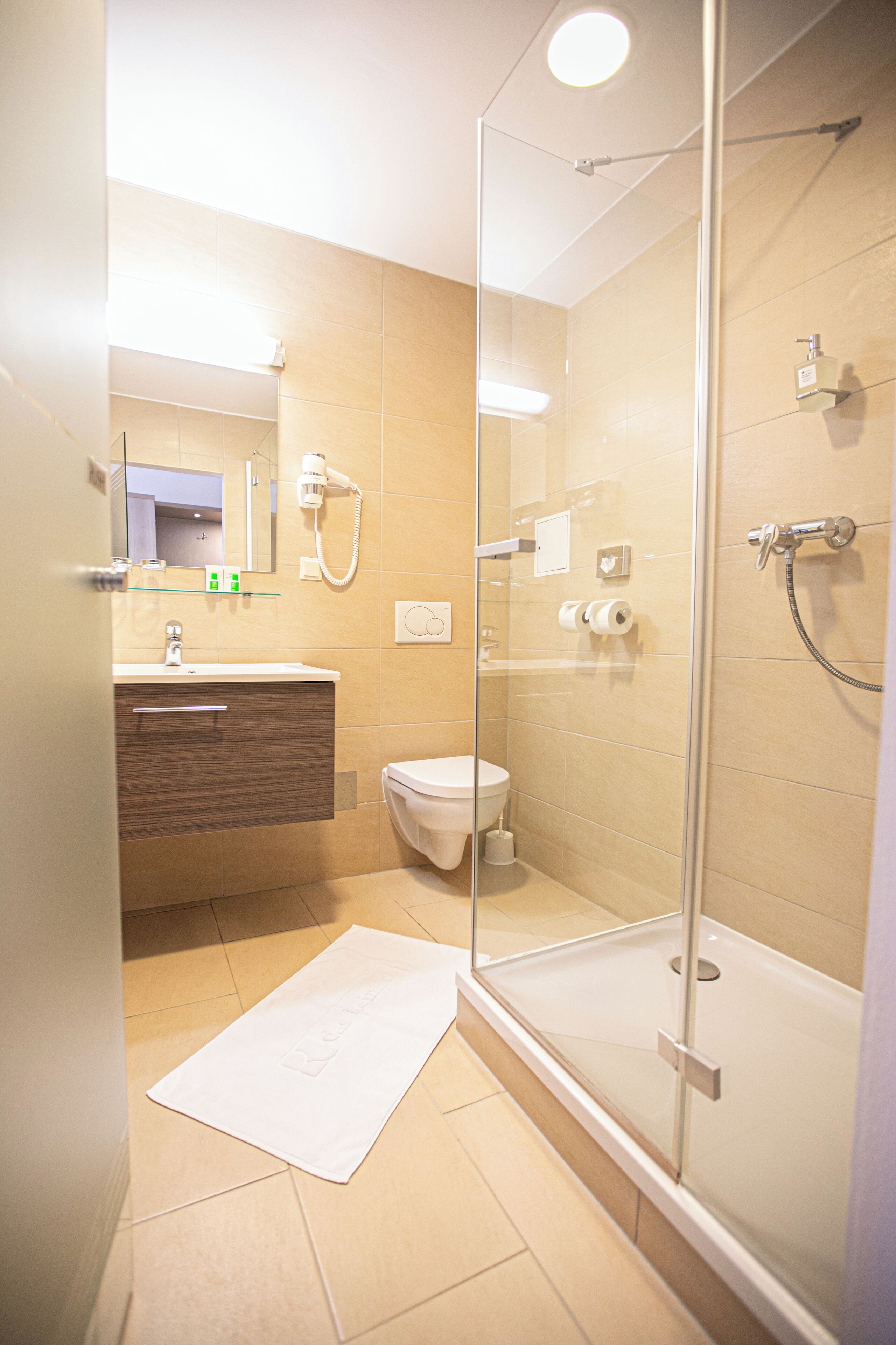 A modern bathroom with a glass shower enclosure, a sink with a mirror, and a toilet.