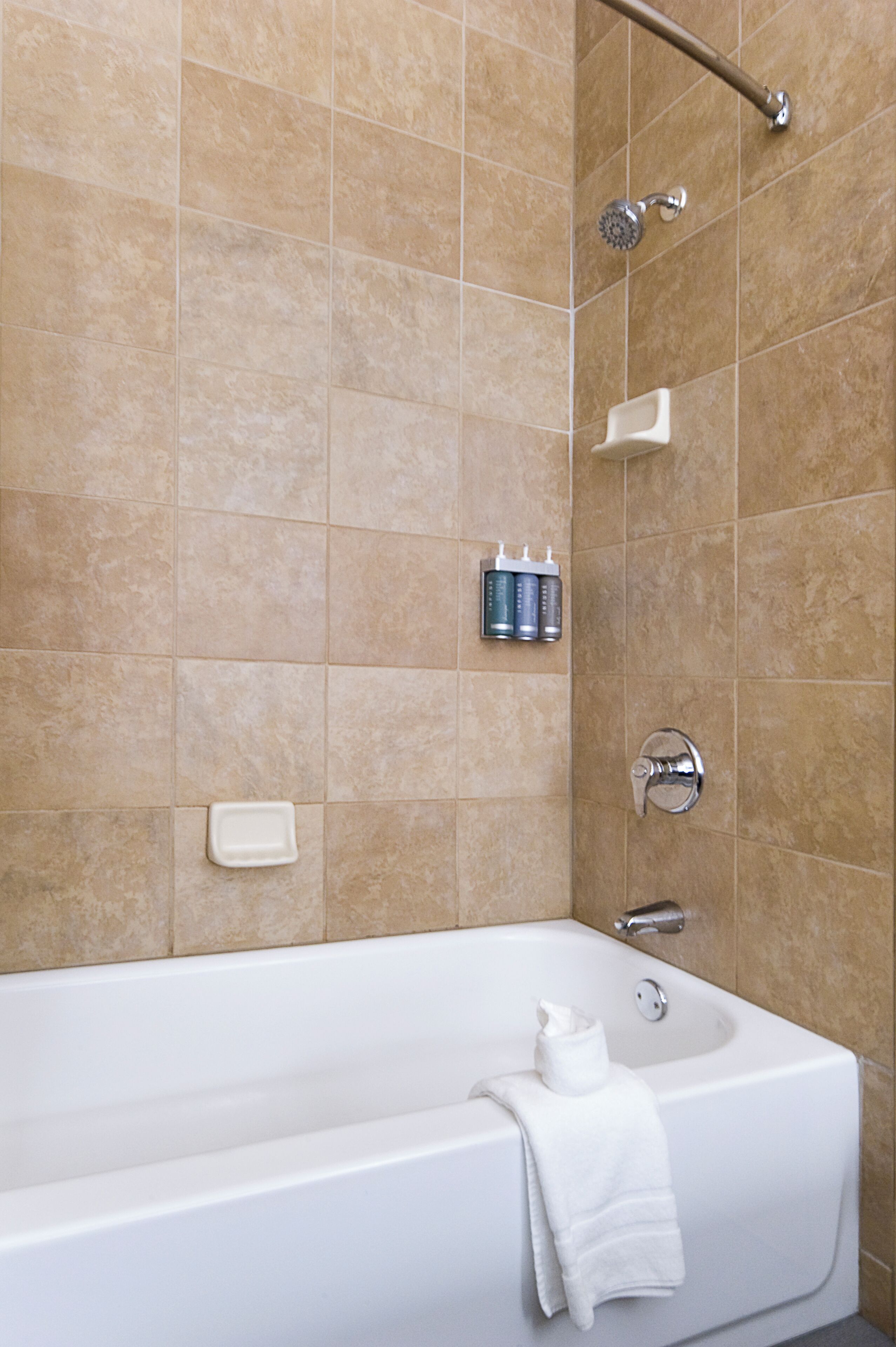 Un baño con bañera, ducha y dispensador de jabón.