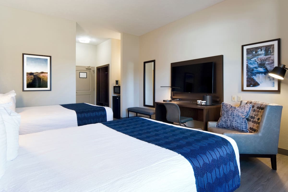 Une chambre d’hôtel avec deux lits, un bureau, une télévision et un canapé.
