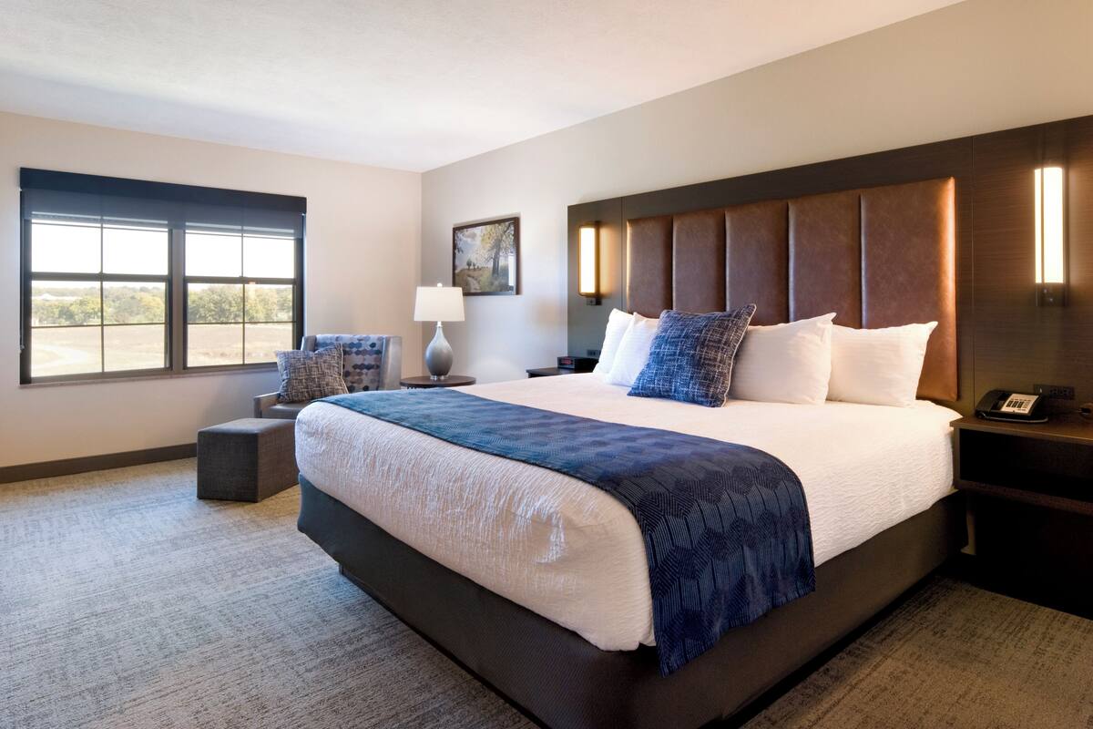 Une chambre d’hôtel avec un grand lit, une table de chevet, une lampe, un tableau au mur et une fenêtre donnant sur un beau paysage.