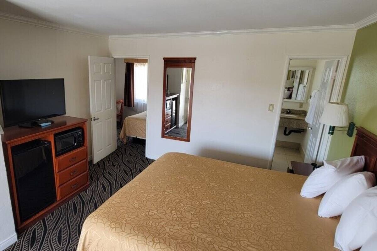 Una habitación de hotel con cama, televisor, cómoda y espejo.