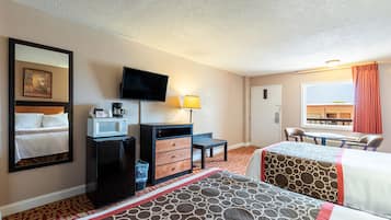 Desk, laptop workspace, blackout curtains, free WiFi