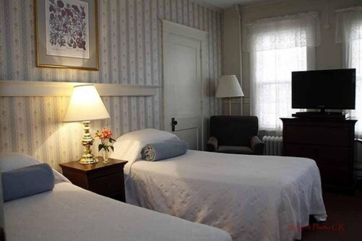 Habitación de hotel con dos camas, televisión, lámpara y un cuadro en la pared.