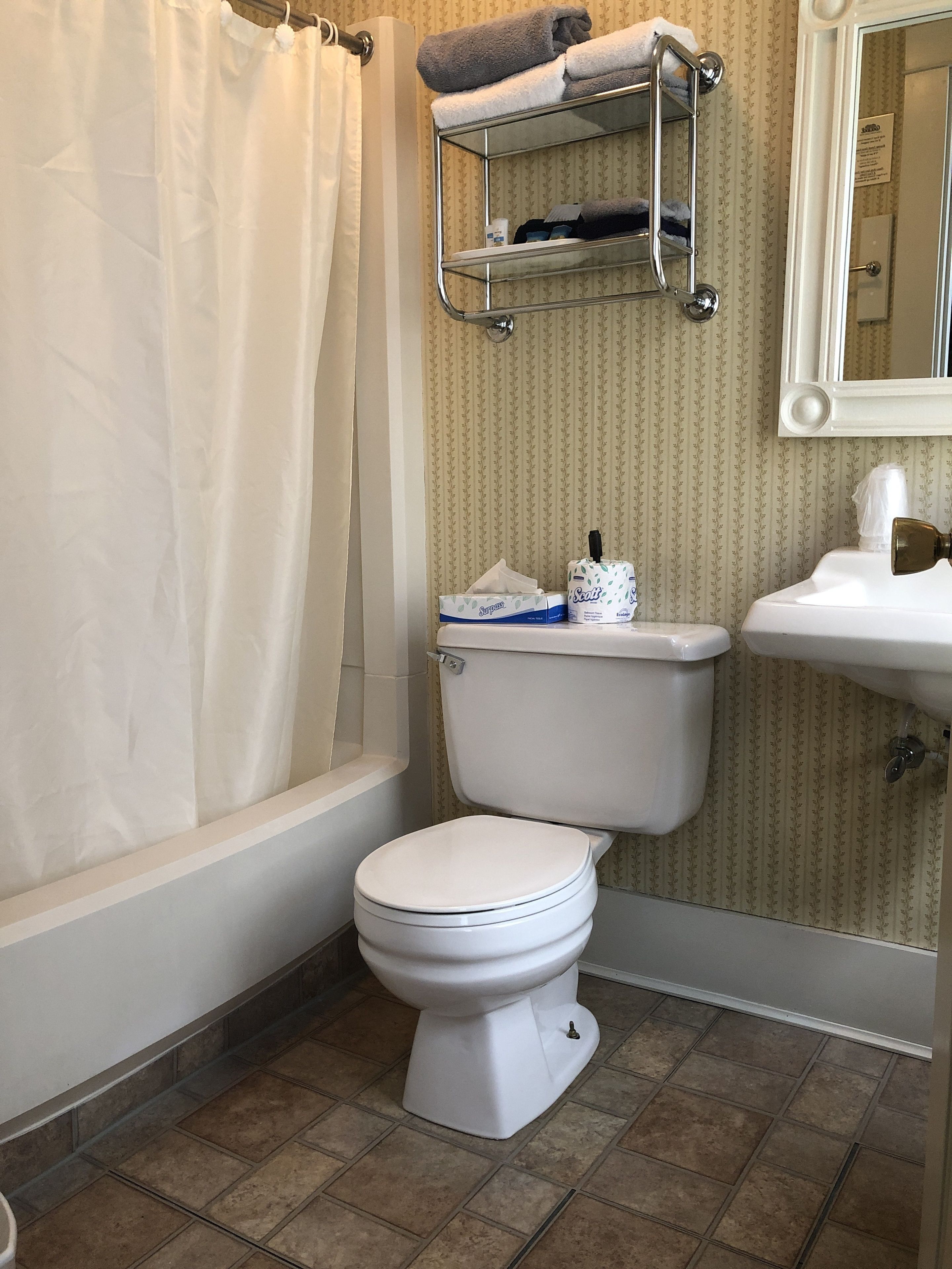 A bathroom with a toilet, a sink, a towel rack, and a shower curtain.