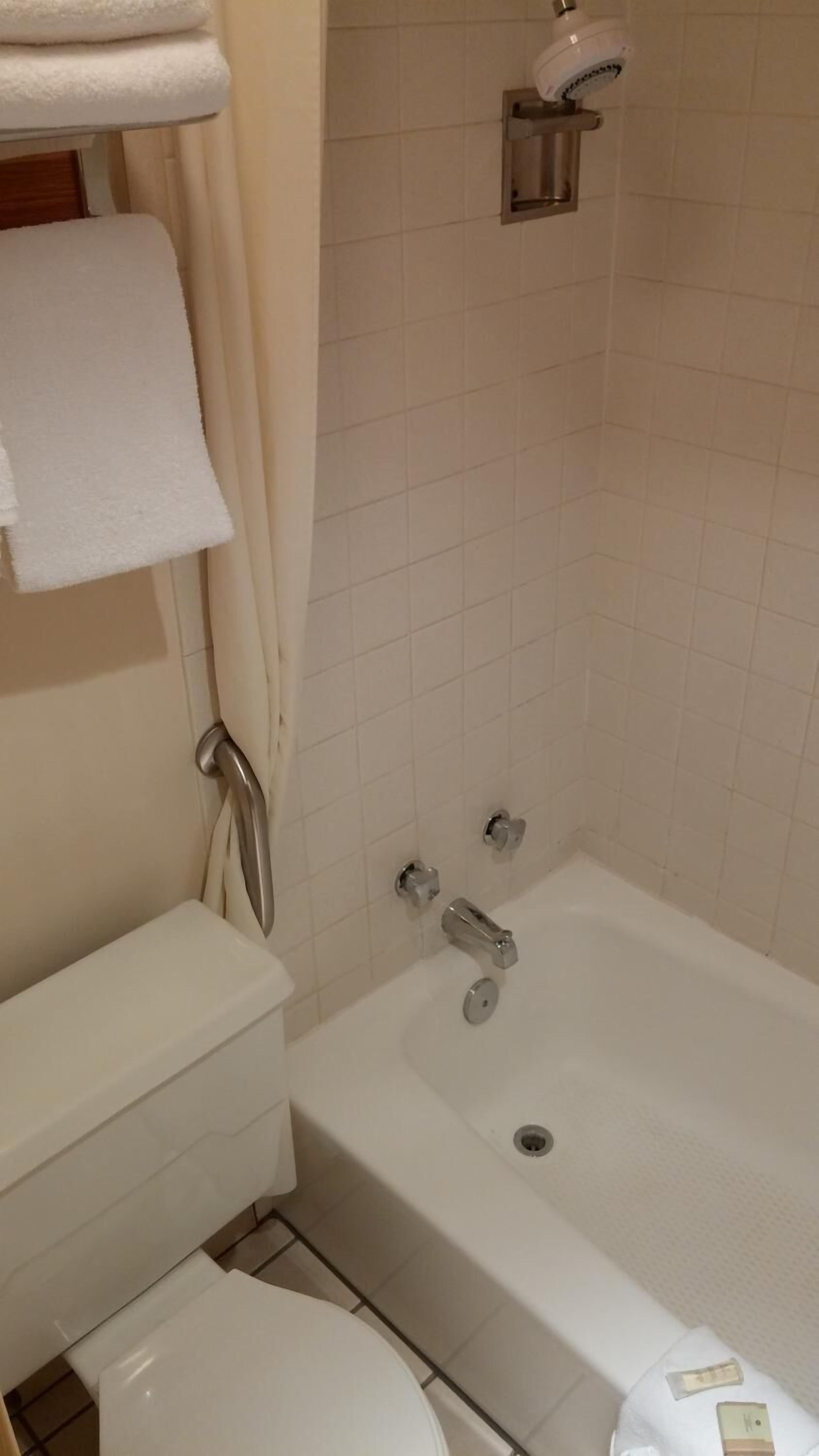 A bathroom with a bathtub, toilet, and a towel rack.