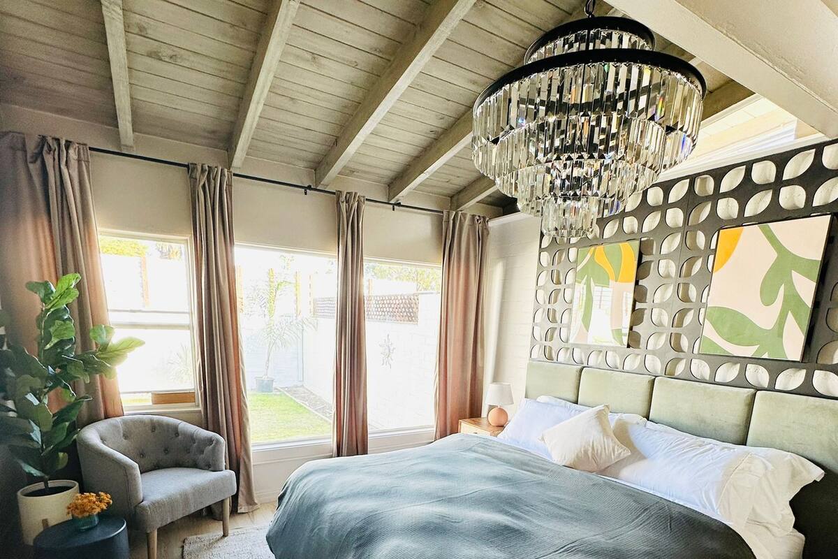 one bedroom king patio-garden bungalow kitchen | premium bedding, individually decorated, individually furnished, desk