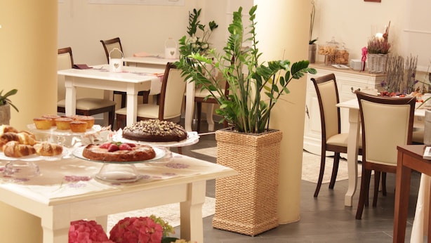 A dining area with a table set for a meal, surrounded by chairs, and a large potted plant in the center. - Vittoria Hotel (Rubano)