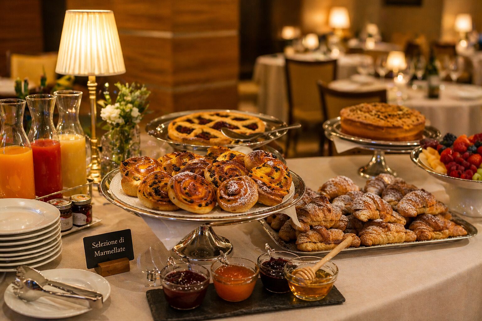 A buffet with various pastries, jams, and honey.