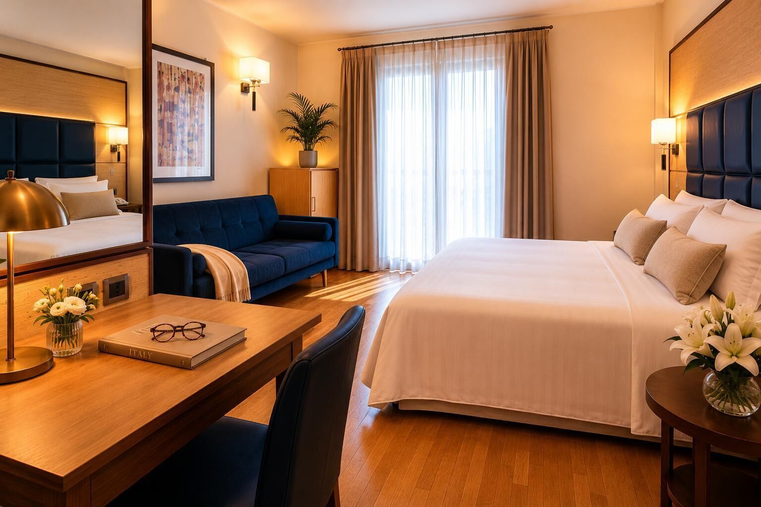 Une chambre d’hôtel avec un lit, un bureau doté d’une lampe, un canapé, une table de chevet ornée de fleurs et une grande fenêtre avec des rideaux.