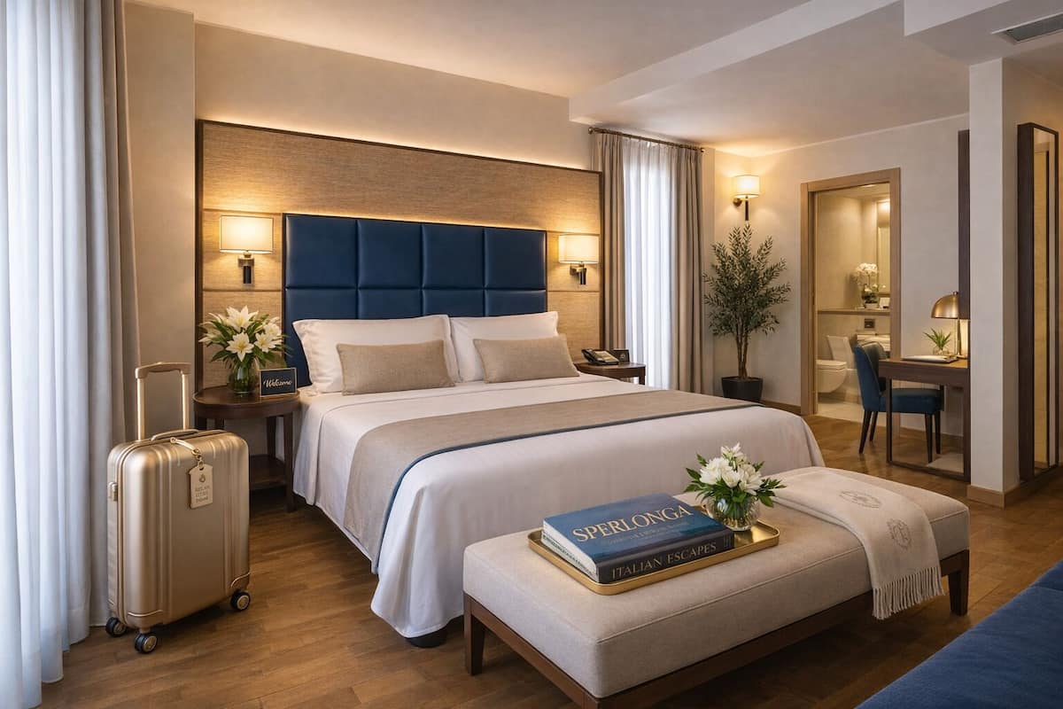 A hotel room with a bed, bedside tables, a desk, a chair, a potted plant, and a suitcase.