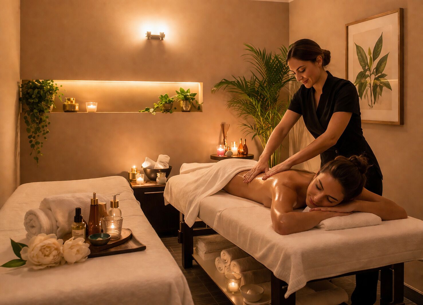 A spa room with two massage tables, a wall-mounted shelf with plants, candles, and spa products.