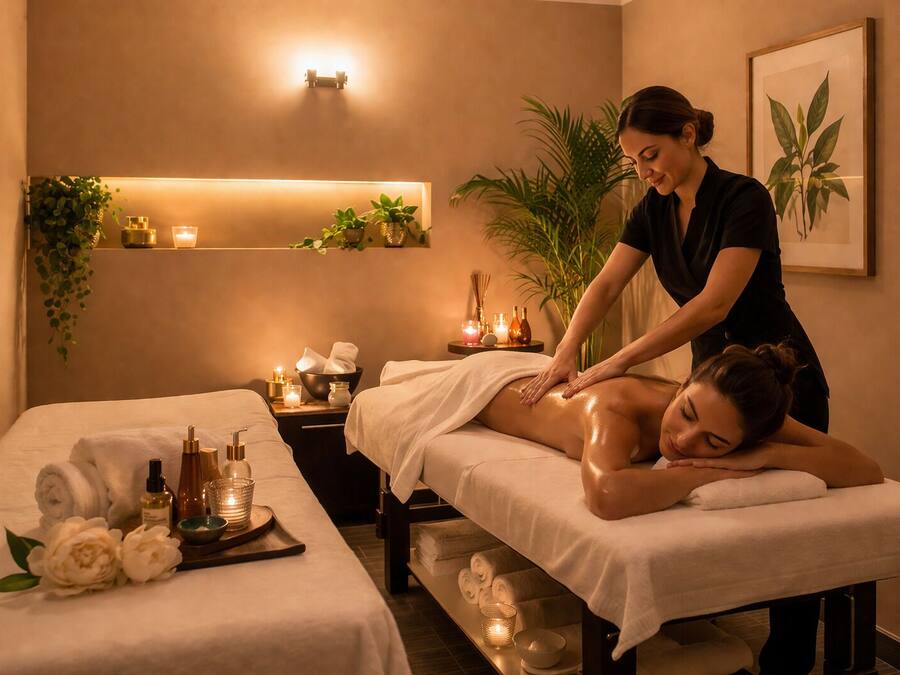 A spa room with two massage tables, a wall-mounted shelf with plants, candles, and spa products.