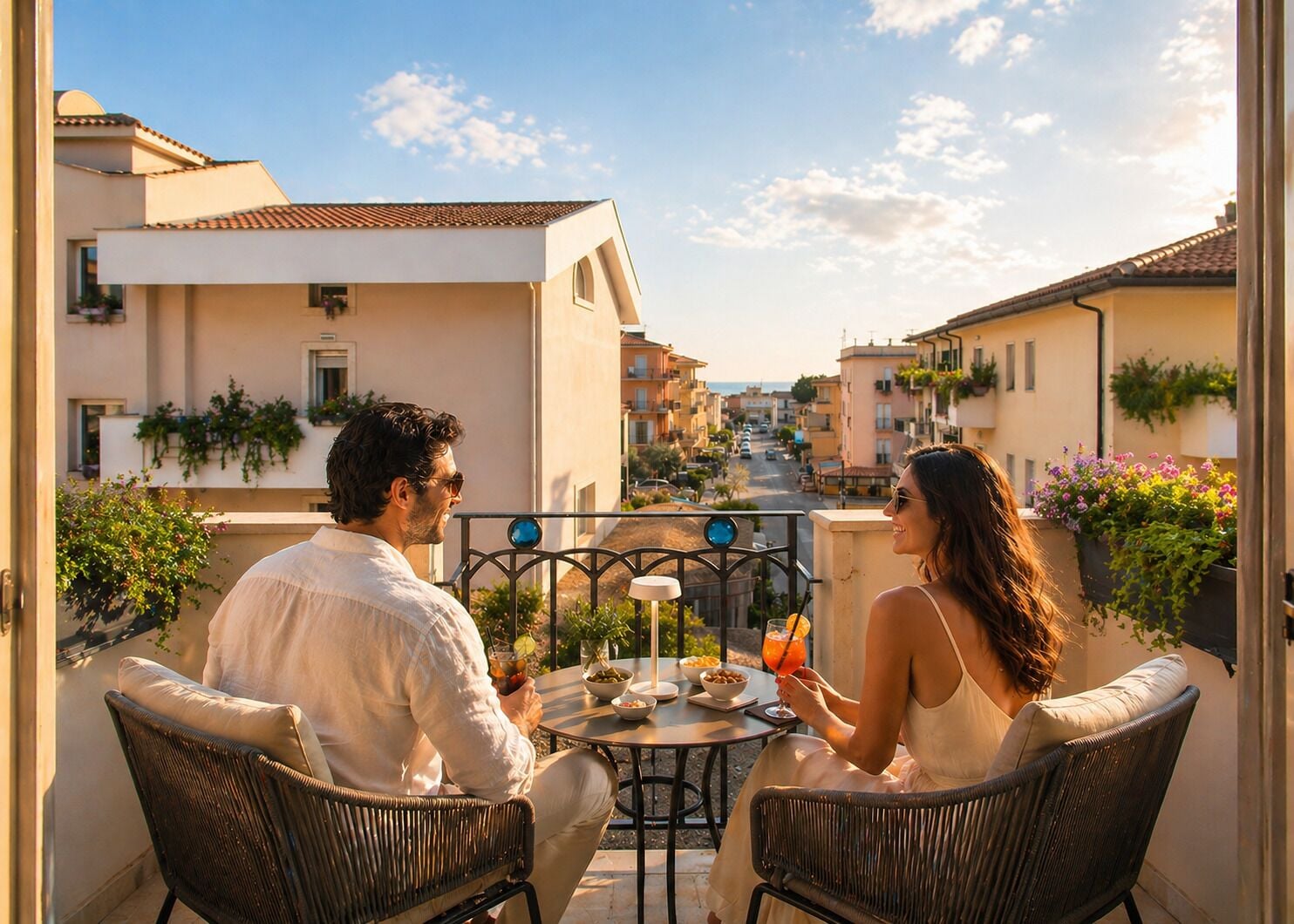 Un couple est assis à une table en plein air, avec vue sur une rue bordant la côte.