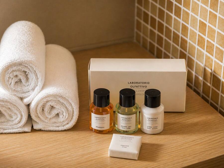 Neatly rolled white towels, three bottles of body care products, and a box labeled 'LABORATORIO OLFATTIVO' on a wooden surface.