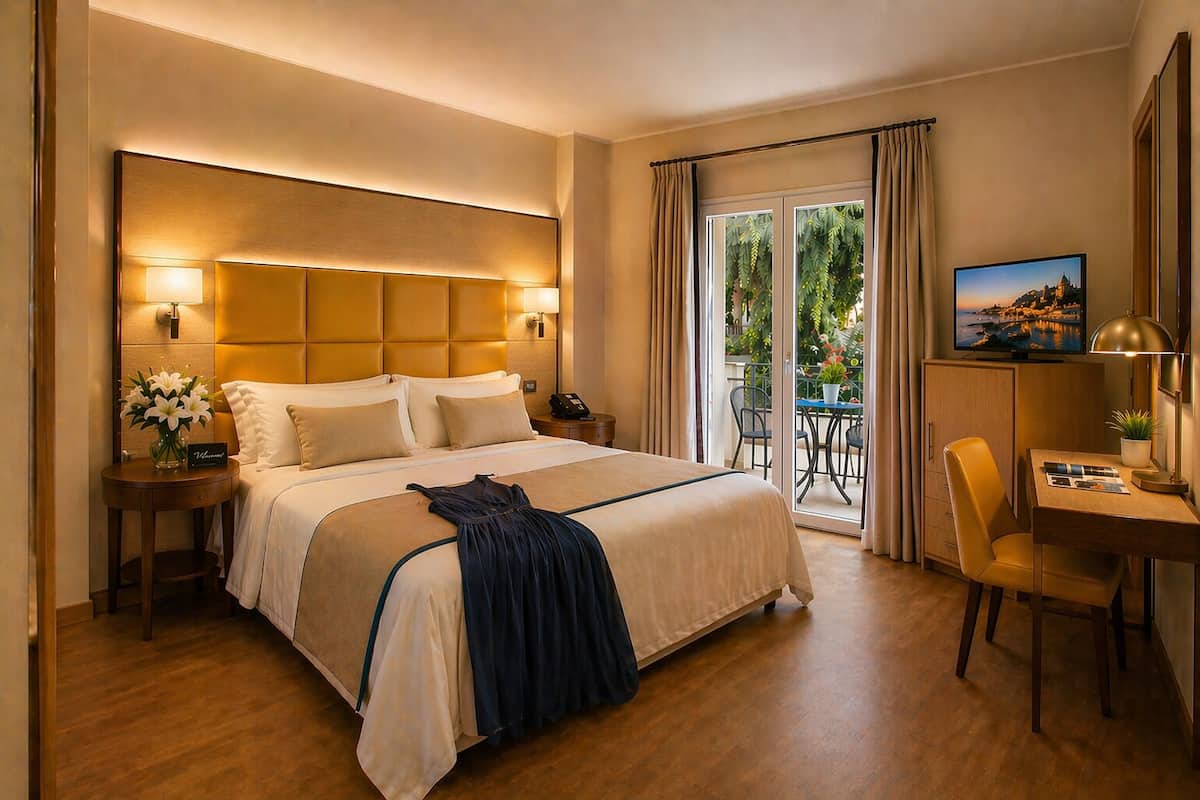 A hotel room with a large bed, a desk, a chair, a TV, and a balcony with a view.