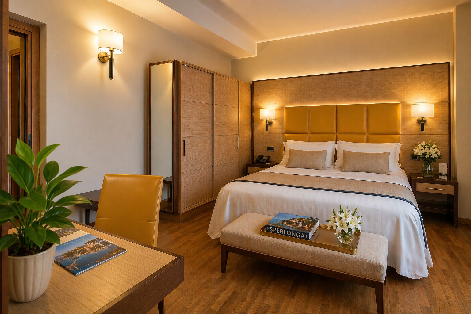 A hotel room with a bed, bedside tables, a desk, a chair, a wardrobe, and a potted plant.